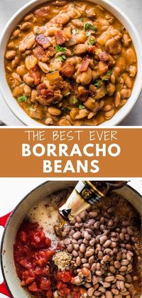 Tender and creamy Borracho Beans (or Frijoles Borrachos) are an easy Mexican dish made from pinto beans simmered in a beer broth with bacon, onions, tomatoes and spices. Serve with a side or cornbread or flour tortillas for the perfect Tex-Mex dinner! Can be made with dried or canned pinto beans.