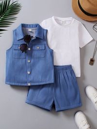 Blue and White Casual Collar Short Sleeve  Colorblock  Embellished Non-Stretch  Young Boys Clothing