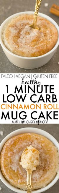 Healthy 1 Minute LOW CARB Cinnamon Roll Mug Cake- Light, fluffy and moist in the inside! Single servinf and packed full of protein and NO sugar whatsoever-Even the creamy glaze! {vegan, gluten free, paleo recipe}- thebigmansworld.com