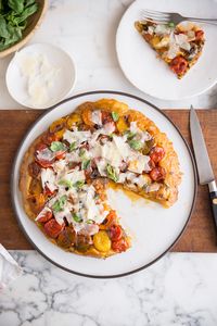 tomato tart tartin with basil & parmesan