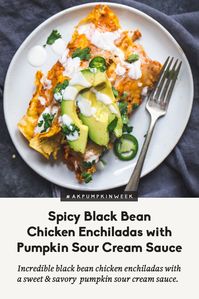 Incredible black bean chicken enchiladas with a slightly sweet pumpkin sour cream sauce. Irresistible!