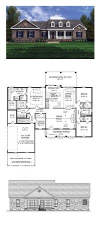 Ranch Style Home Plan 59024 | Total Living Area: 2002 sq. ft., 3 bedrooms and 2 bathrooms. This home elicits the charming appeal of a quaint cottage that you might find in an old village in the English countryside. Very unique design which maximizes every inch of its useable space. #houseplan #ranchstyle