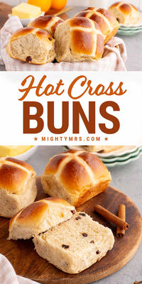 Homemade Hot Cross Buns - Glazed and spiced buns topped with a cross are a traditional Easter pastry. This recipe is simple to make using yeast creating soft rolls with delicious flavor. Made with currants or you can use raisins, cranberries or dates, a pillowy-soft dough, and spiced glaze. These rolls make the perfect addition to an Easter dinner menu but can be enjoyed any time for breakfast or brunch. Serve warm smeared with butter for moist, delicious appetizer or as a side with dinner!