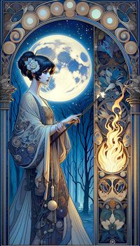 Art nouveau witch. Blue with moon