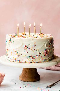 This is a tall, towering confetti birthday cake filled to the brim with rainbow sprinkles and finished off with sweet vanilla buttercream frosting. Funfetti layer cake recipe on sallysbakingaddiction.com