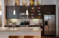 Gourmet kitchens feature granite or quartz countertops with natural stone backsplash