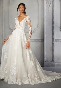 Lace long sleeve bridal gown with v-neckline and v-back. Available off the rack at Silk Bridal Studio.