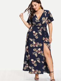 Plus Surplice Wrap Botanical Dress -SheIn(Sheinside)