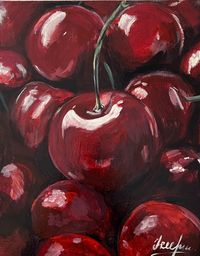 This painting is unique hand painting bright red  ripe cherries