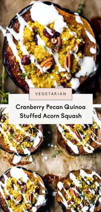 Beautiful stuffed acorn squash with orange-infused quinoa, sweet dried cranberries, pecans, and a simple goat cheese or feta sauce. The perfect vegetarian side dish or main to serve at Thanksgiving, or anytime you're looking for a unique, delicious meatless meal!