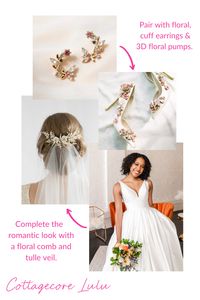 This wedding day look is all about romance and floral accents! Bring just the right amount of drama with floral cuff earrings and 3D floral pumps! Opt for a romantic tulle veil with a floral comb to complete this ethereal look!