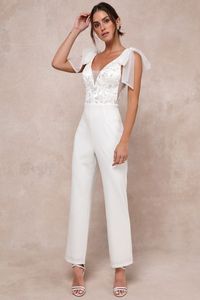 Dignified Beauty White Mesh Embroidered Tie-Strap Jumpsuit