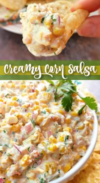 Creamy Corn Salsa - An unbelievably addictive dip recipe made with sour cream, cheese, corn that’s packed with Mexican flavors perfect for tortilla chips.