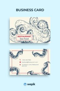 Share your restaurant with this hand-drawn seafood business card template. Fully customizable with Wepik's editor, create your perfect design for free!