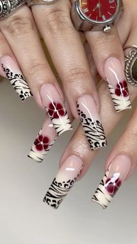 long nail inspiration leopard print red flowers