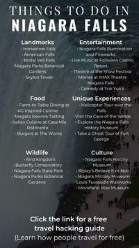 If you are going to Niagara Falls, here is a list of things to do in Niagara Falls. Click the link for a free travel hacking guide.