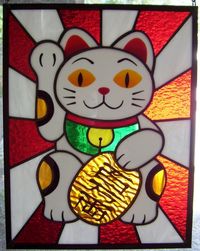 cute Japanese lucky cat manekineko stained glass by QUILTOCALYPSE, $160.00