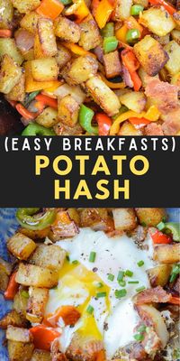 This delicious Potato Hash Recipe is perfect for a weekend breakfast! Crispy bacon and potatoes are cooked with tender peppers and onions for a breakfast skillet packed with flavor.