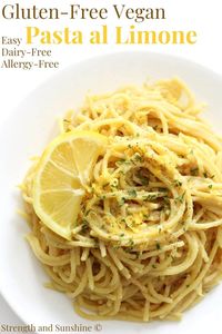 Vegan Pasta al Limone (Gluten-Free, Allergy-Free) | Strength and Sunshine | A classic Italian pasta dish with the creamiest lemon sauce! This Vegan Pasta al Limone recipe is gluten-free, dairy-free, allergy-free, and still so simple and easy to make! This authentic Southern Italian pasta sauce is cheesy, buttery, tangy, super creamy, and comes together in one pan for a quick and delicious meal ready in 10 minutes!