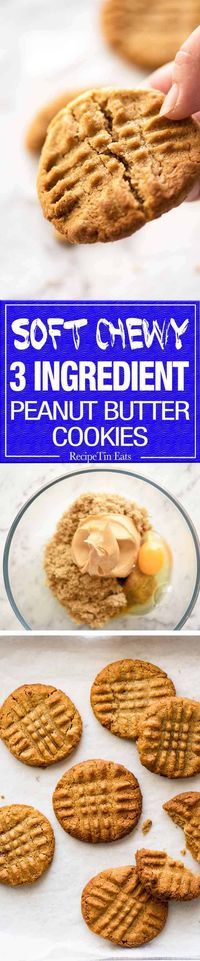 The World's Best Easy Peanut Butter Cookies are SOFT and CHEWY. Peanut butter, brown sugar and egg is all you need! recipetineats.com