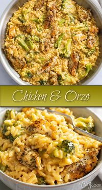 It's hard to believe this Chicken and Orzo is a one pot recipe! Featuring savory orzo smothered in a creamy cheese sauce with juicy chicken and delicious bites of broccoli. Your family will want this one on repeat!