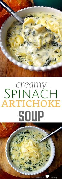 Creamy Spinach Artichoke Soup. The popular dip made into a soup. Rich parmesan cream broth, spinach, artichokes, and spices make this the perfect soup for a cold winter's day. Can be made in the crockpot too.