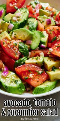 Delicious avocado, tomato and cucumber salad that is full of rich, intense summer flavors. The bright, tangy and slightly sweet dressing makes this salad delightful. #summersalad #italiantomatocucumbersalad #italiansalad #avocadosalad #tomatosalad #avocadotomatosalad