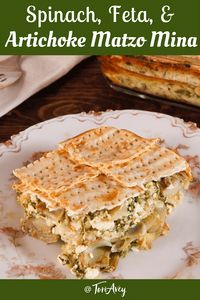 Spinach, Feta & Artichoke Matzo Mina - Greek-Style Sephardic Matzo Casserole with Sautéed Artichokes and Savory Spinach and Feta Filling. #Passover #kosherforpassoveer #Pesach #passoverseder #vegetarianpassover #vegetarian #casserole #spinachartichoke #feta #spinach #matzomina #matzo #matza #mina #greekstyle #sephardic #toriskitchen