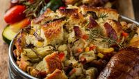 Savor Classic Bread Stuffing, a flavorful mix of bread cubes, herbs, and spices, baked to perfection for a delicious holiday side.