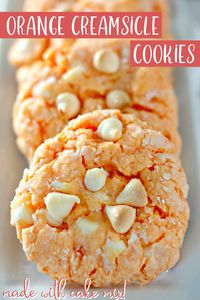 These Orange Creamsicle Cookies are bursting with orange flavor – just like the beloved creamsicle frozen treat! These soft and chewy orange cookies are so easy using a cake mix combined with cream cheese and then loaded with white chocolate chips.