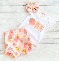 "Peach 1st Birthday Outfit, Peach First Birthday Bloomers, Baby Girl Birthday Shirt, Smash Cake Outfit, Niece Aunt Gift You may choose: ~Peach \"One\" bodysuit as shown.  Created on a ruffle short sleeve bodysuit. ~Adorable peach print bummies/bloomers created as shown!  Handmade here in studio. ~Matching bow/headband as shown. Please order your daughter's current clothing size in most brands. The outfit runs true to size. Christi Creations - creating happy moments one outfit at a time Check out