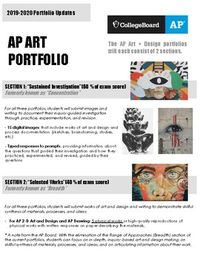 This packet explains the changes to the AP Art Portfolio for spring 2020 including what each new section is.  There is information about these new sections/categories as well as how to generate a "sustained investigation".  This resource also includes a sample of how to begin the process of coming up with a "sustained investigation" and is a great tool to help students start to come up with ideas for topics that they can explore through their art.