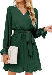 BBX Lephsnt Women’s Summer Casual Wedding Guest Dress Long Puff Sleeve V Neck Pleated Ruffle Flowy Belted Mini Dress Blackish Green at Amazon Women’s Clothing store