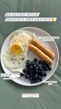 Healthy, high protein, low calorie, breakfast ideas Chicken breakfast sausage, eggs, fruit Healthy meal, low cal meal, high protein meal, weightloss meal