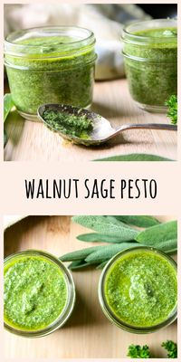 Make the most of fresh herbs with Walnut Sage Pesto. It's a delicious variation on classic pesto. And it's just as easy to make. #pestorecipes #freshherbpesto #homemadepesto #sagepesto #walnutpesto