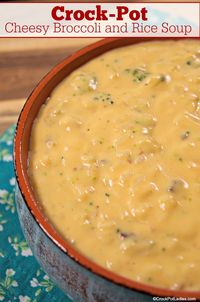 Crock-Pot Cheesy Broccoli and Rice Soup - A great meal for a cold winter day this recipe for Slow Cooker Cheesy Broccoli and Rice Soup is an easy, filling soup that your family will love! [High Fiber & Vegetarian] #CrockPotLadies #CrockPot #SlowCooker #SoupRecipes