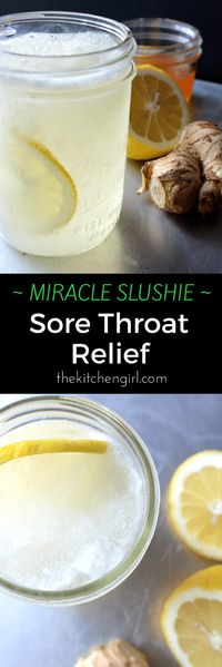 Miracle Slushie Sore Throat Remedy is honey, lemon, steeped ginger, water, and ice, blended. Kids love it too! #coldrelief #coldsymptoms #ginger #lemon #honey #sorethroat #antiinflammatory #sorethroatrelief