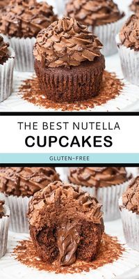 Fluffy chocolate cupcakes with Nutella icing and a delicious hidden centre. These gluten-free Nutella filled cupcakes are oozing with hazelnut flavour! #cupcakes #nutellacupcakes #glutenfreecupcakes #glutenfreebaking #glutenfree