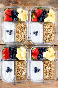 Breakfast Meal Prep Fruit and Yogurt Bistro Boxes. Packed with protein, fresh fruit and a sprinkle of low-fat granola, these Fruit and Yogurt Bistro Boxes are a fresh idea for busy mornings. #breakfast #mealprep #healthy #healthyrecipes #healthyfood #healthyeating -More family favorite recipes on number-2-pencil.com. #familyfavorites