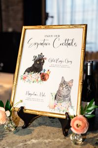 Cat-themed signature cocktail sign for wedding reception at Wildman BT in Chicago