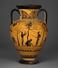 Black-figure amphora with scene of olives gathering - attributed to the Antimenes painter (520 BC) - British Museum