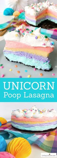 An easy no bake Unicorn Poop Lasagna dessert recipe!*(FOR LOW CARB DECARB USE SUGAR FREE PUDDING,LOW CARB COOKIE CRUST,SWEETENER NOT SUGAR...ETC...LOW CARB NO SUGAR INGREDIENTS.THERE ARE RECIPES FOR LOW CARB SPRINKLES ON PINTEREST OR USE SUGAR FREE M&M's !)* Fluffy pastel rainbow pie with layers of cheesecake, pudding and Cool Whip on a chocolate Oreo crust. Beautiful party cake!