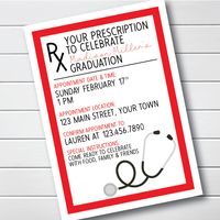 Our medical themed invitation is great for medical school or nursing school graduation parties, work events or doctor themed parties. There will be one document included with your purchase. Invitations are customized by me after purchase. They are 5 x 7 inches. Invitations can be printed at your home or sent to your favorite local print shop. Please include all personalization information in the box at checkout. The completed document will be uploaded to etsy as well as sent to you via email pro