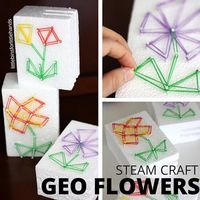 Explore STEAM with a geo flower STEAM craft for kids. Create a geo board like activity with styrofoam to explore shapes and patterns. Mother's Day idea too.