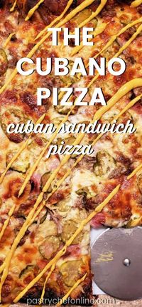 If you love a good Cuban sandwich, you will fall hard for this Cubano Pizza. All the toppings you'd expect on a Cuban sandwich--mojo pork, ham, Swiss cheese, pickles, and mustard--baked onto a grandma pizza crust that can't be beat. Not your average homemade pizza! #cubanopizza #cubanpizza #cubansandwichpizza #grandmapizza #pastrychefonline