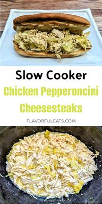 Slow Cooker Chicken Pepperoncini Cheesesteaks are loaded with slow-cooked, tangy chicken, sliced pepperoncini peppers, and melted cheese, all topped on a toasted roll. Add onions, mushrooms, or peppers if desired. An easy slow cooker dinner for the win!