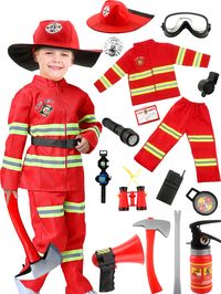 PRICES MAY VARY. Detailed size: the size of this child firefighter role play costume is suitable for children aged 4-9, please be sure to choose the right size before buying; the size of the firefighting toy is small and exquisite, made according to children's ergonomics, suitable for children to grasp Quality material: this children firefighter role play costume is made of fabric, which is skin-friendly and comfortable; the material of the firefighting toy accessories is plastic, strong and dur