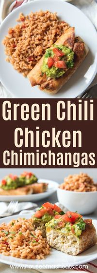 Green Chili Chicken Chimichangas have a crispy-fried shell filled with mildly spiced shredded chicken filling.  Top them with all the fixings and enjoy this delicious dish that originated in the American Southwest! #easy #authentic #fried #baked #chicken #chimichangas #chimichanga #burrito #mexican #texmex #filling #shredded