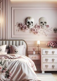 Embrace daring style with our skull bedroom theme💀! Featuring  skulls, pale pink delicate roses, and pearls. Here's the magic:  • Lavish pink backdrop⏳ • Meticulously designed skulls🔍 • Layers of lustrous pearls⚪ • Handpicked roses adding a dash of grace🌹  Unleash your love for unique aesthetics! Save now for creative bedroom décor inspo.  #UniqueHomeDecor