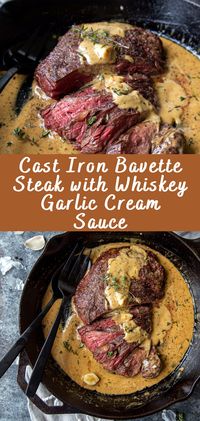 Savor the rich flavors of a perfectly cooked cast iron bavette steak, topped with a luscious whiskey garlic cream sauce that elevates your dining experience to new heights.